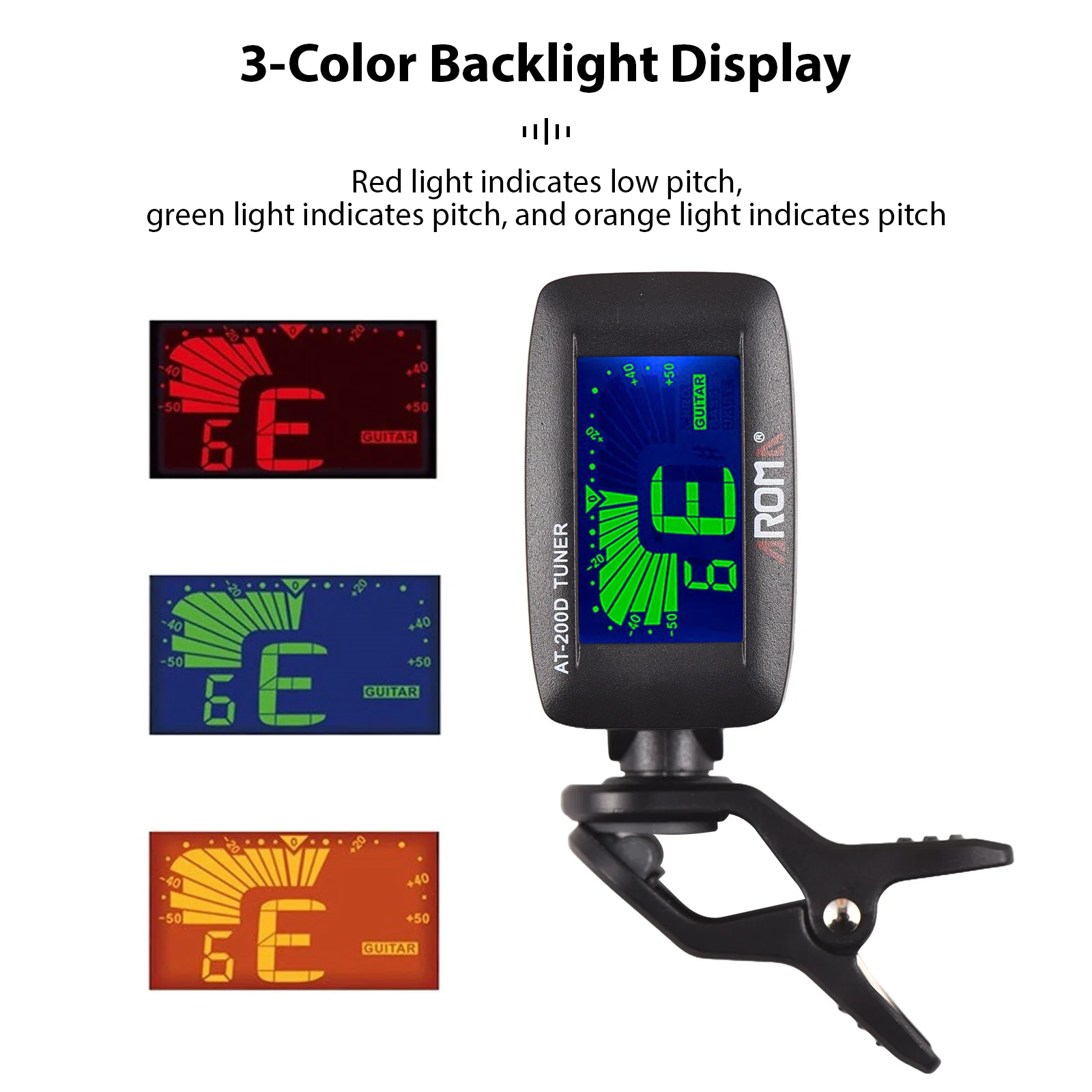Портативный гитарный тюнер с 3-цветным дисплеем и встроенной памятью