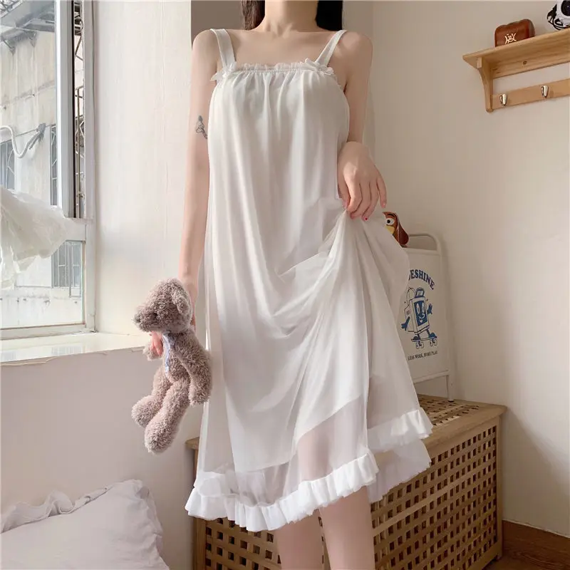 

Bridal White Mesh Nightwear Court Style Lace Trim Sleepshirt Elegant Ruffles Hem Nightgown Women Princess Strappy Home Dress