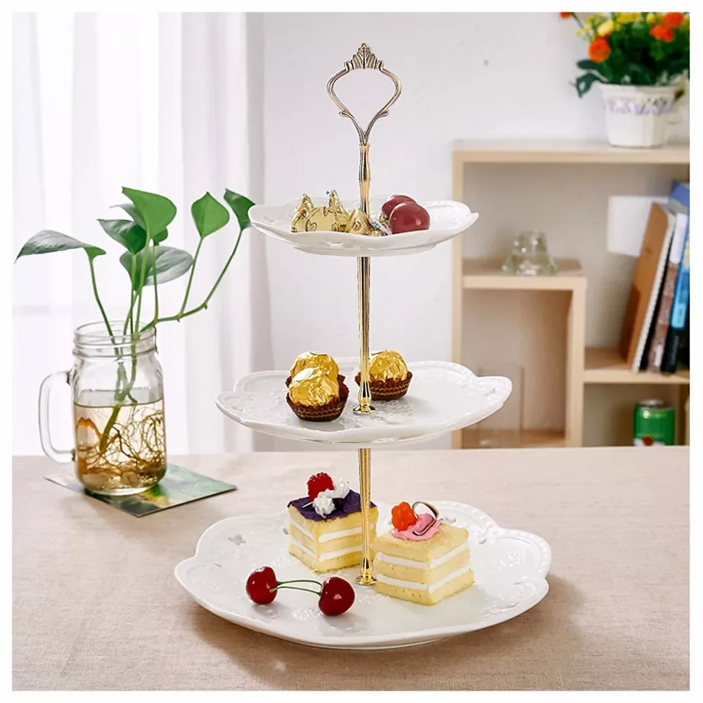 

3 Tier White Ceramic Cake Tower Stand, 14.5" Tall Porcelain Party Food Server Display Holder with Golden Carry Handle