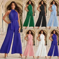 solid pleated ruched party jumpsuit women elegant halter sleeveless office lady playsuit spring summer wide leg pants rompers