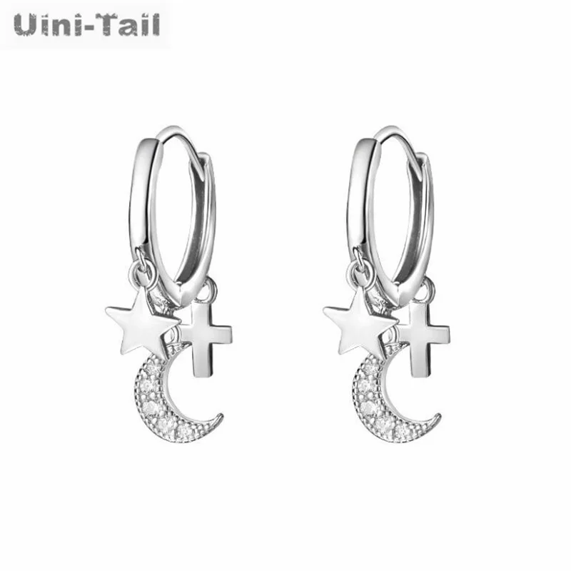 Лидер продаж, новинка, тибетское Серебро 925 пробы, звезда, луна, крест с бриллиантовой пряжкой для ушей, роскошная модная трендовая Изысканная бижутерия