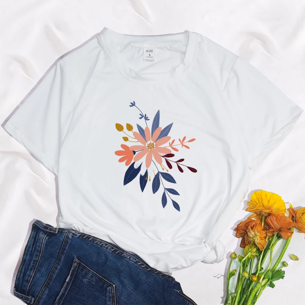 

Folk Flowers Kawaii Funny Fashion Harajuku print ladies T-shirt casual basics O-collar white shirt short sleeve Women T-shirts