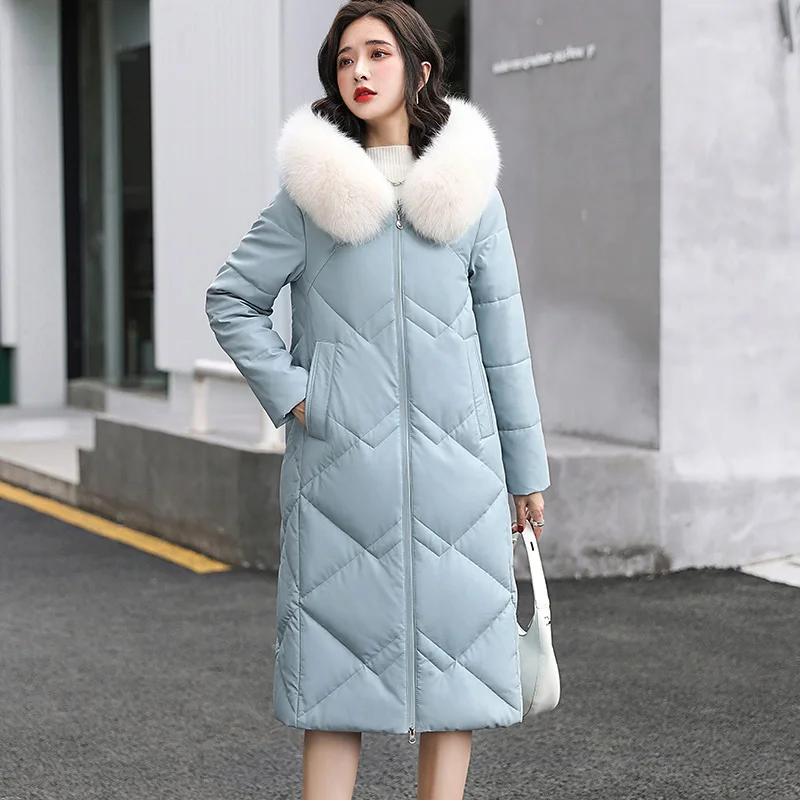 

New Women Leather Overcoat Autumn Winter 2022 Fashion Real Fox Fur Collar Loose Long Sheepskin Down Jacket Leather Outerwear