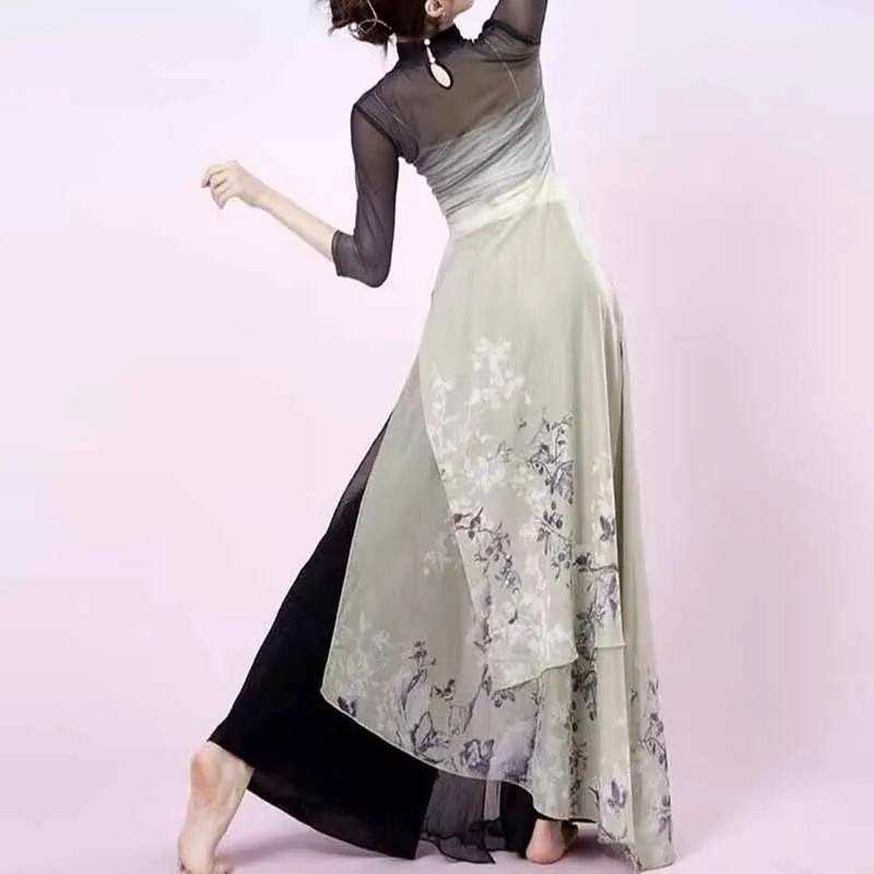 

Classical dancer performance costumes elegant cardigan practice clothes gauze Chiffon Wide-leg pants Chinese style folk dance
