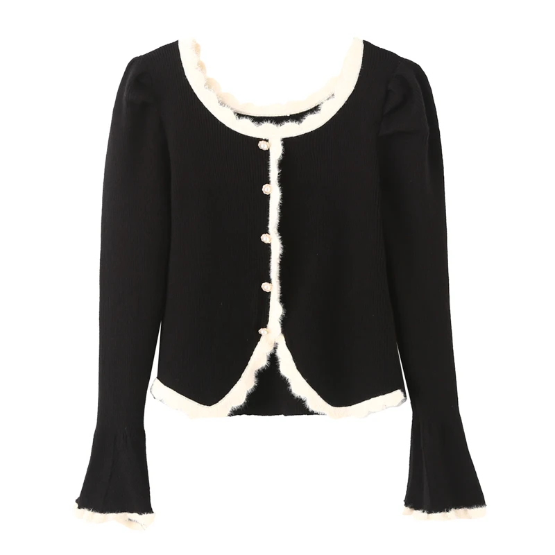 Женский трикотажный кардиган на пуговицах бежевый и черный джемпер с длинными