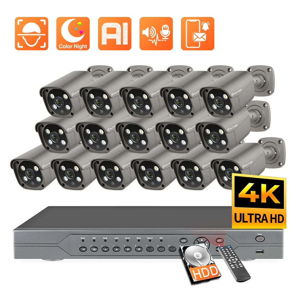 

Камера видеонаблюдения Techage 16 каналов Ultra HD 4K 8 Мп PoE IP с ИИ-обнаружением лица, комплект видеорегистратора H.265, 2-полосное аудио, цветное ночное ...