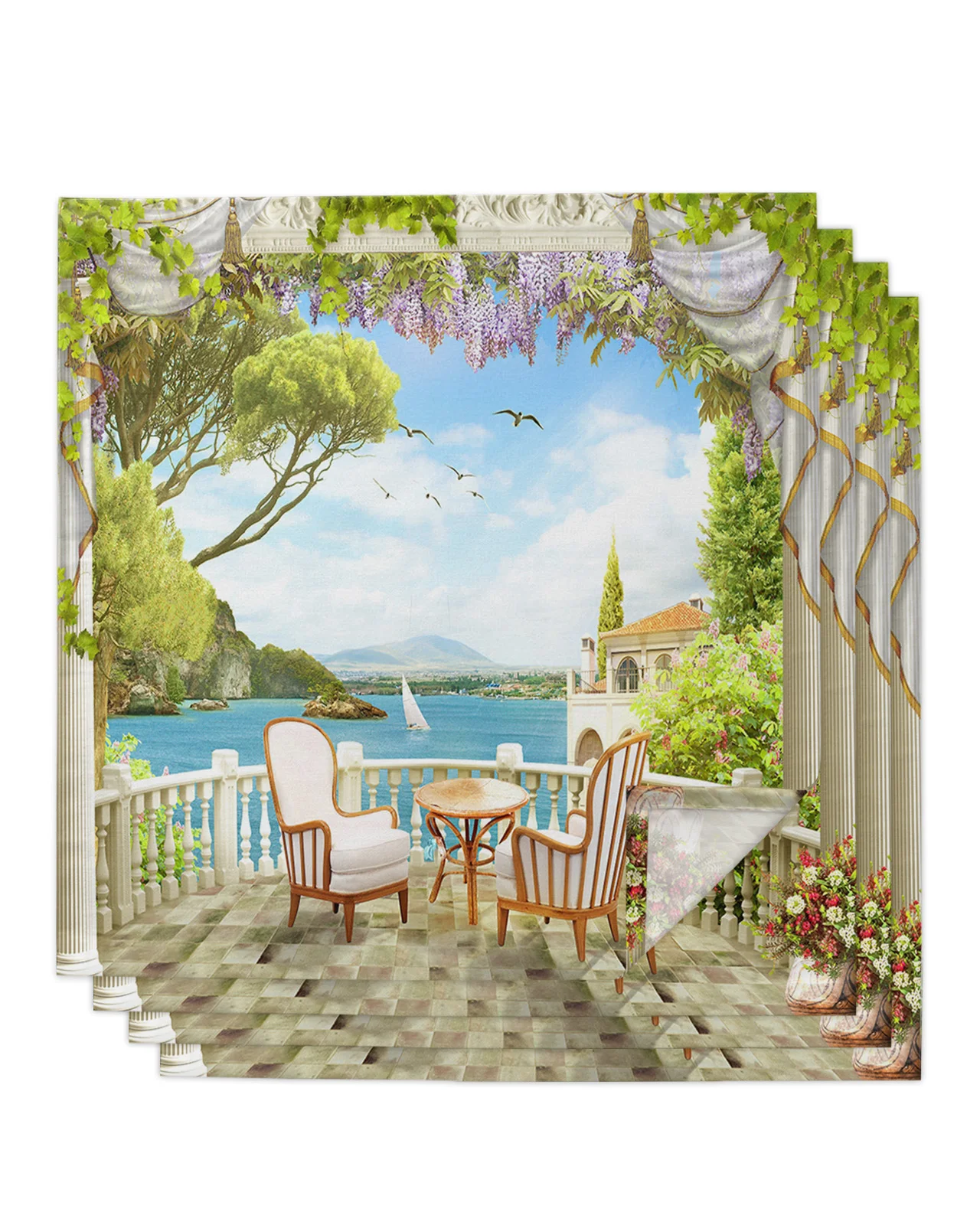 

4pcs Chair Balcony Castle Sailing Scenery Square 50cm Table Napkin Wedding Decoration Table Cloth Kitchen Dinner Serving Napkins