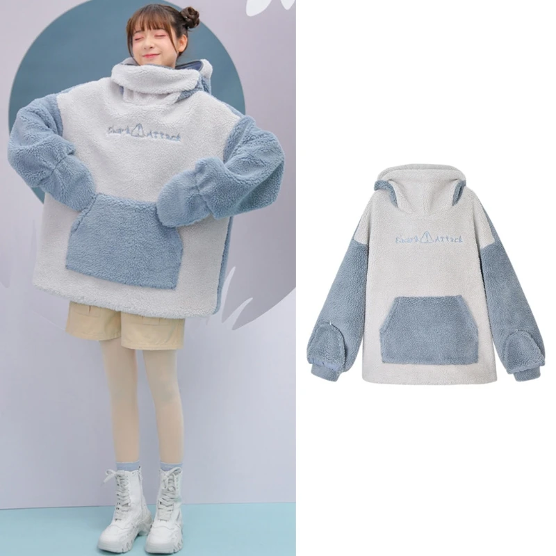 

Women Winter Thick Fuzzy Plush Sweatshirt Harajuku Cute Zipper Mouth Shark Hoodies Letter Embroidery Oversized Loose Pullover