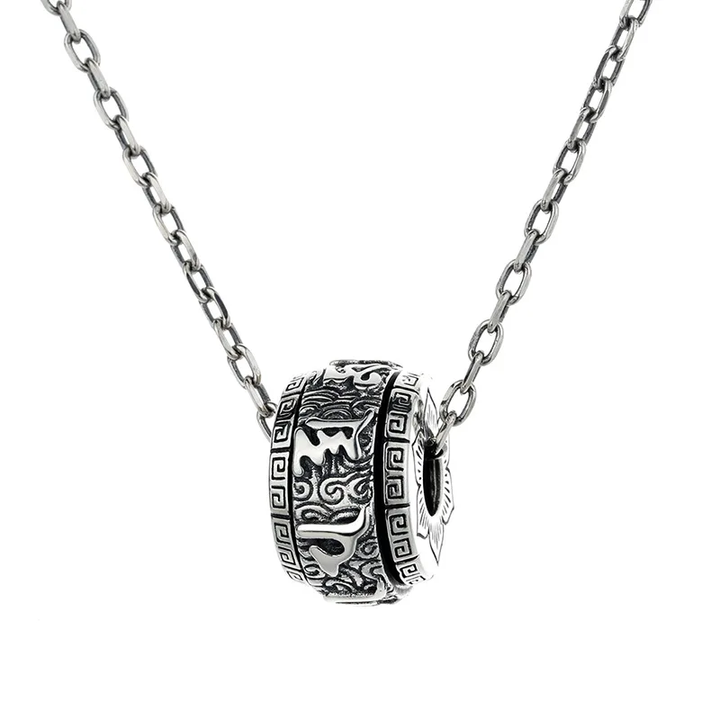 

S925 silver mid-length sweater chain six-character mantra can turn good luck necklace women's Thai silver