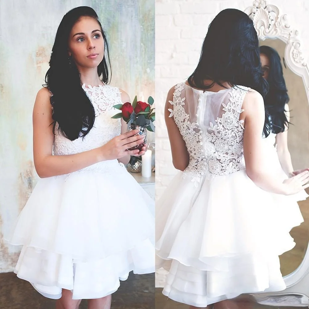 

2019 элегантные белые кружевные свадебные платья с круглым вырезом, кружевные свадебные платья с аппликацией, свадебные платья до колена с об...