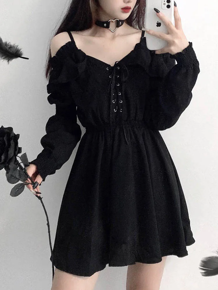 

Large Size Gothic Women Black Mini Dress Sexy Off Shoulder High Waist Tunic Ladies Party Dress Long Sleeve V Neck Vestidos