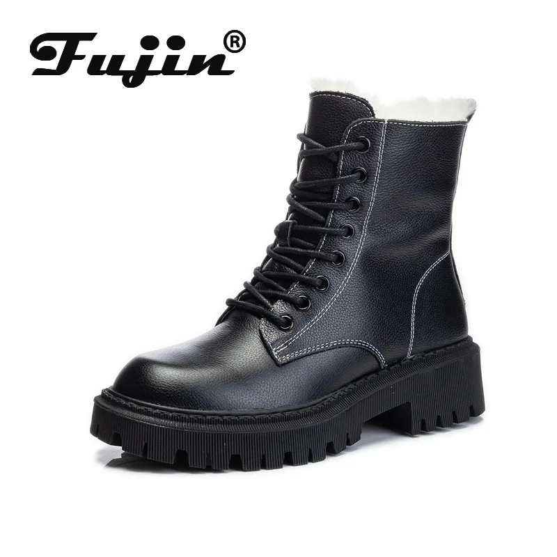 

Fujin4.5cm натуральная кожа осень зима мотоботы рыцарские сапоги крест tied2022натуральная шерсть теплая толстая подошва на шнуровке удобная обувь
