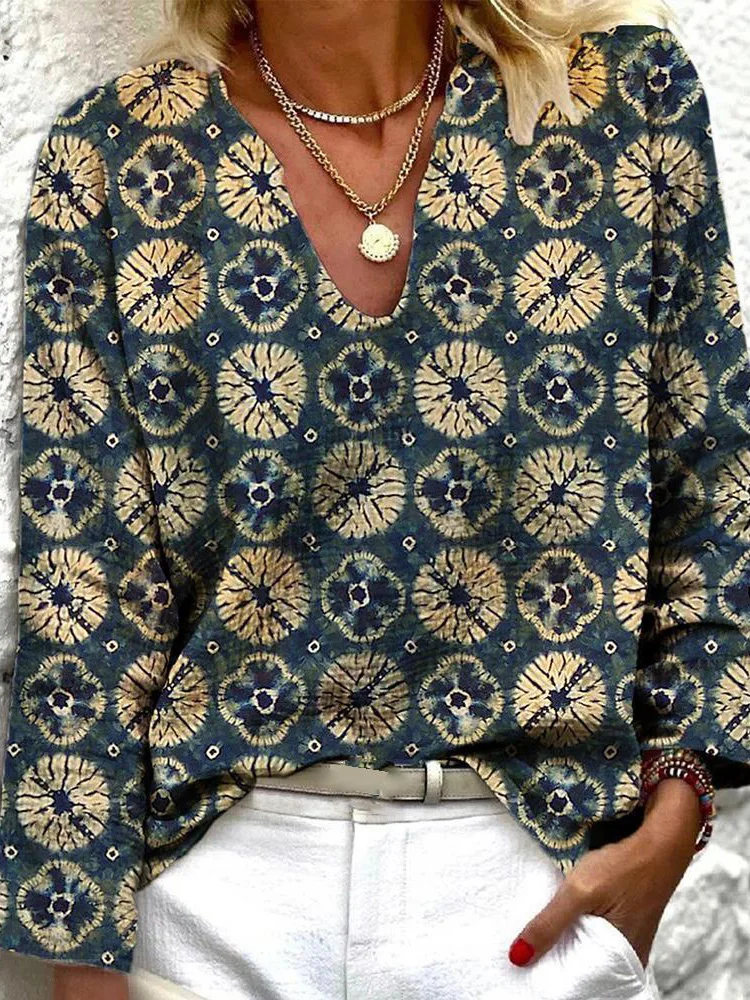 

Femme Streetwear Casual Loose V Neck Tops Spring Autumn 2022 Print Long Sleeve Pullovers New Women XXXL Blouse All Match Blusa