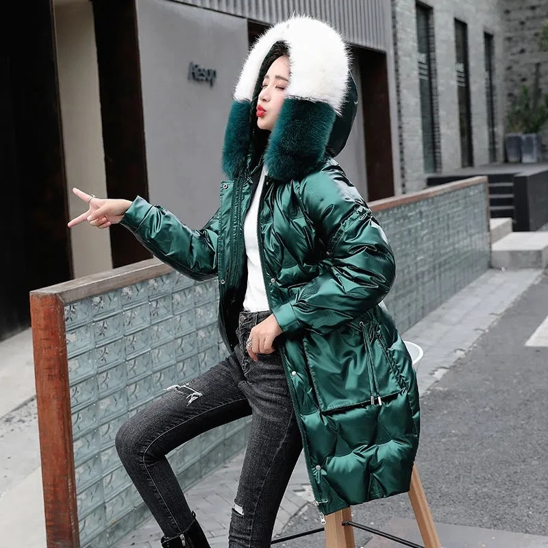 Down Jacket Women 2022 Winter New Hooded Warm Long Fur Collar White Duck Coat Female Casual Korean Loose Wash-free Shiny Parkas