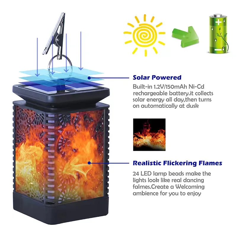 Наружный солнечный квадратный светильник с пламенем для двора