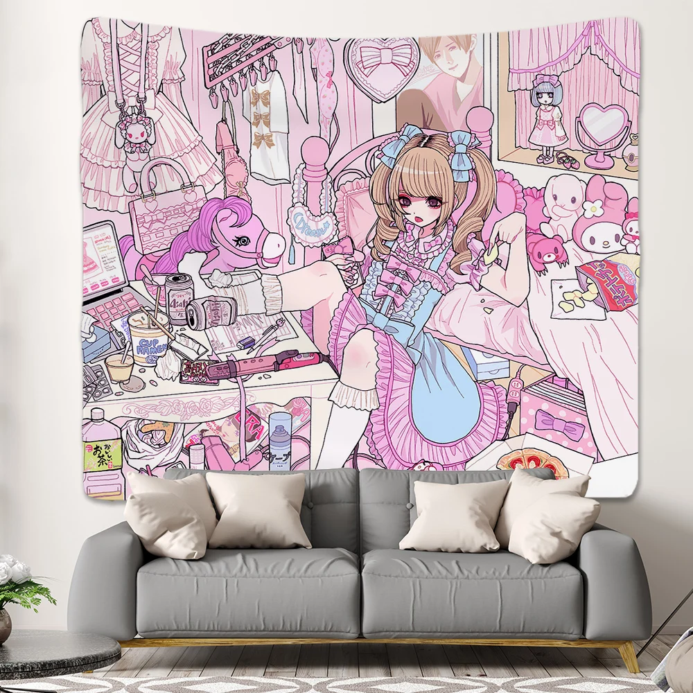 Japanese Anime Pink Girl Kawaii Room Decor Tapestry Aesthetic Y2K Cute Wall Hanging For Living Room Bedroom Home Decoration images - 6