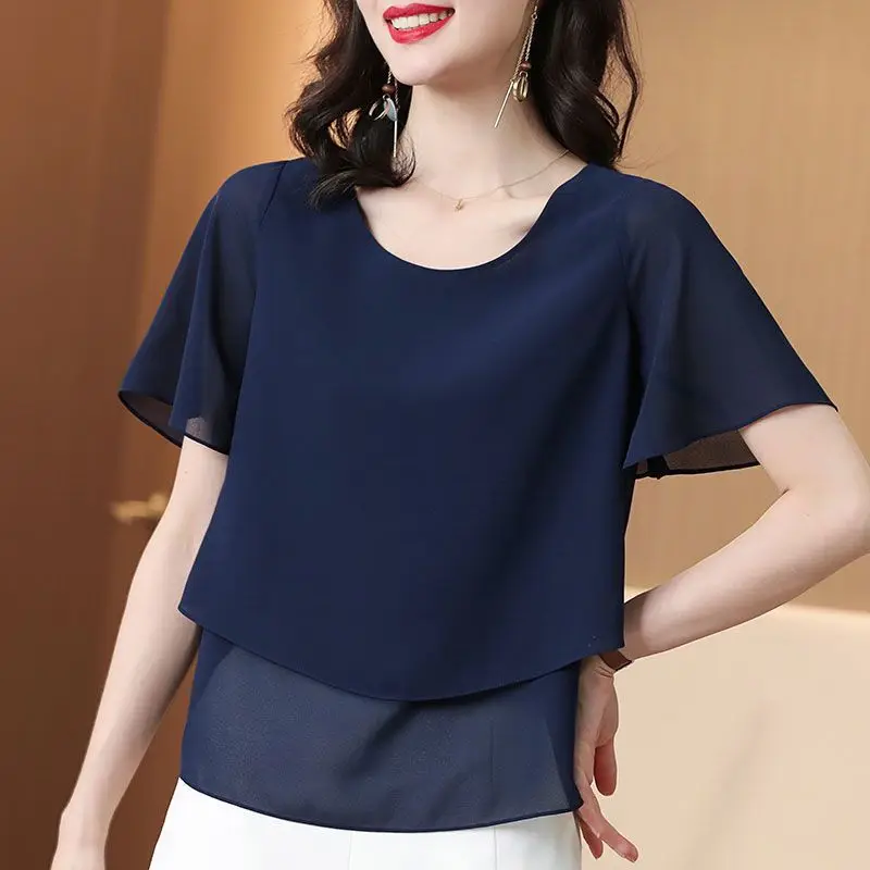 Elegant Solid Color Spliced Loose Fake Two Pieces Blouse Women's Clothing 2023 Summer New Casual Pullovers Korean Chiffon Shirt