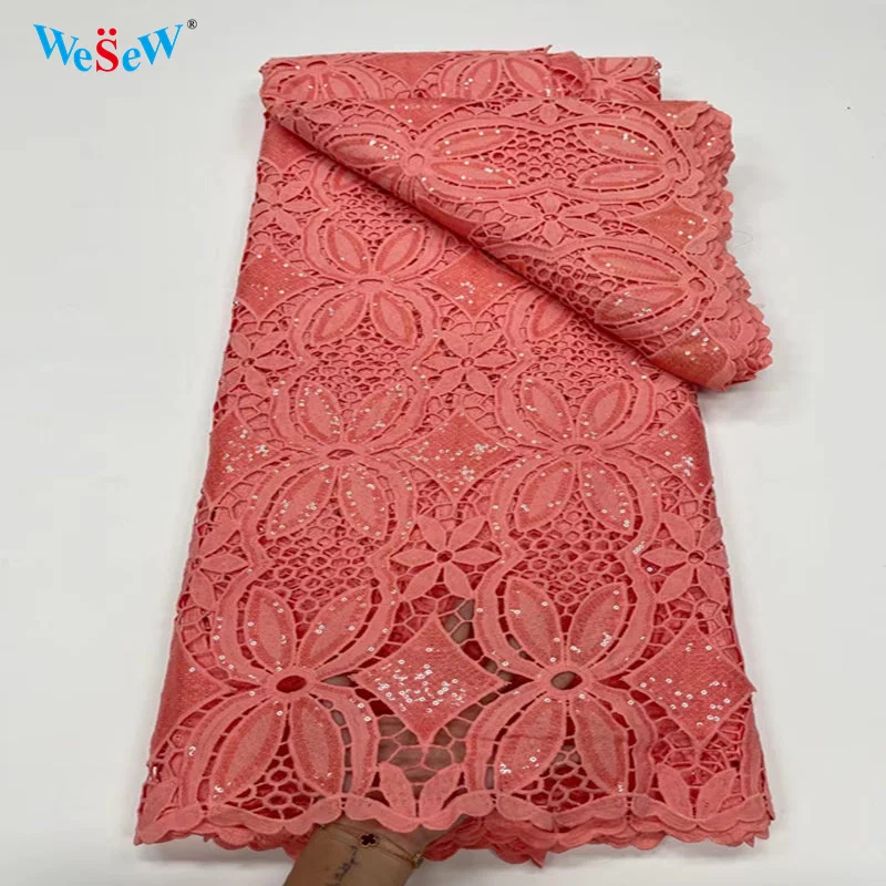 

Peach Color African Lace Fabrics Silk Lace Fabric 5 Yards High Quality Guipure Lace Material with Sequins for DIY Dress BJYG38