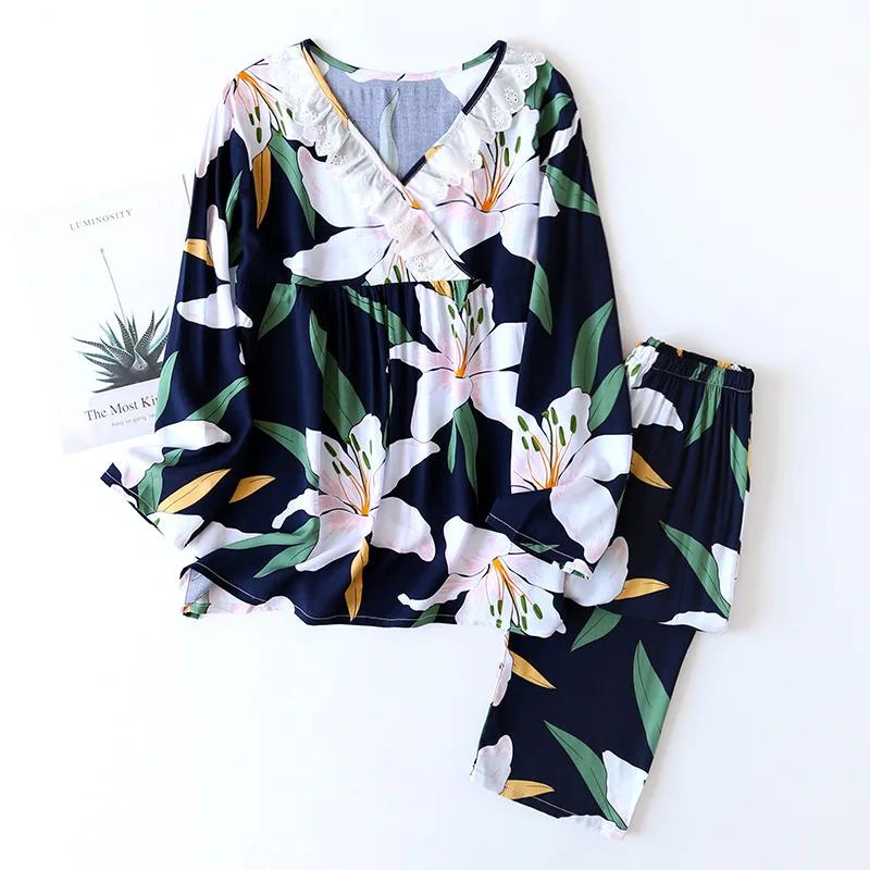 Pullover Pajamas Set Cross V-neck Viscose Long-sleeved Print Ruffle Trousers Spring Thin Mother Fairy Style Outerwear Home Wear