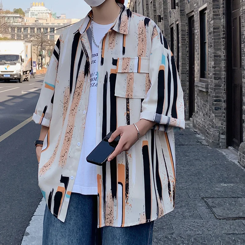 

Рубашка мужская летняя в полоску, с коротким рукавом, свободного покроя