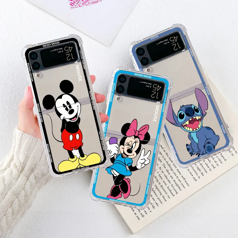 

AirBag Case For Samsung Galaxy Z Flip 4 3 5G Clear PC Hard Phone Cover ZFlip3 ZFlip4 Shockproof Shell Disney Mickey Stitch Funda