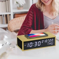 wireless charger bluetooth speaker led alarm clock bamboo wood multifunctional digital desktop wireless fast charger alarm clock