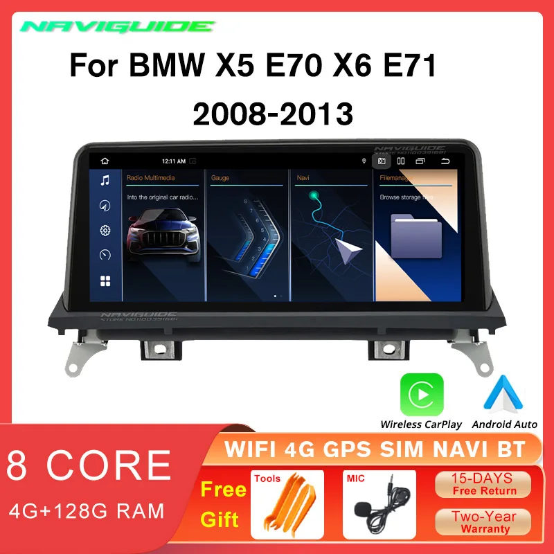 

NAVIGUIDE 10.25'' Android 12 Carplay Radio Multimedia Player For BMW X5 E70 X6 E71 2008-2013 CCC CIC Head Unit Display Screen