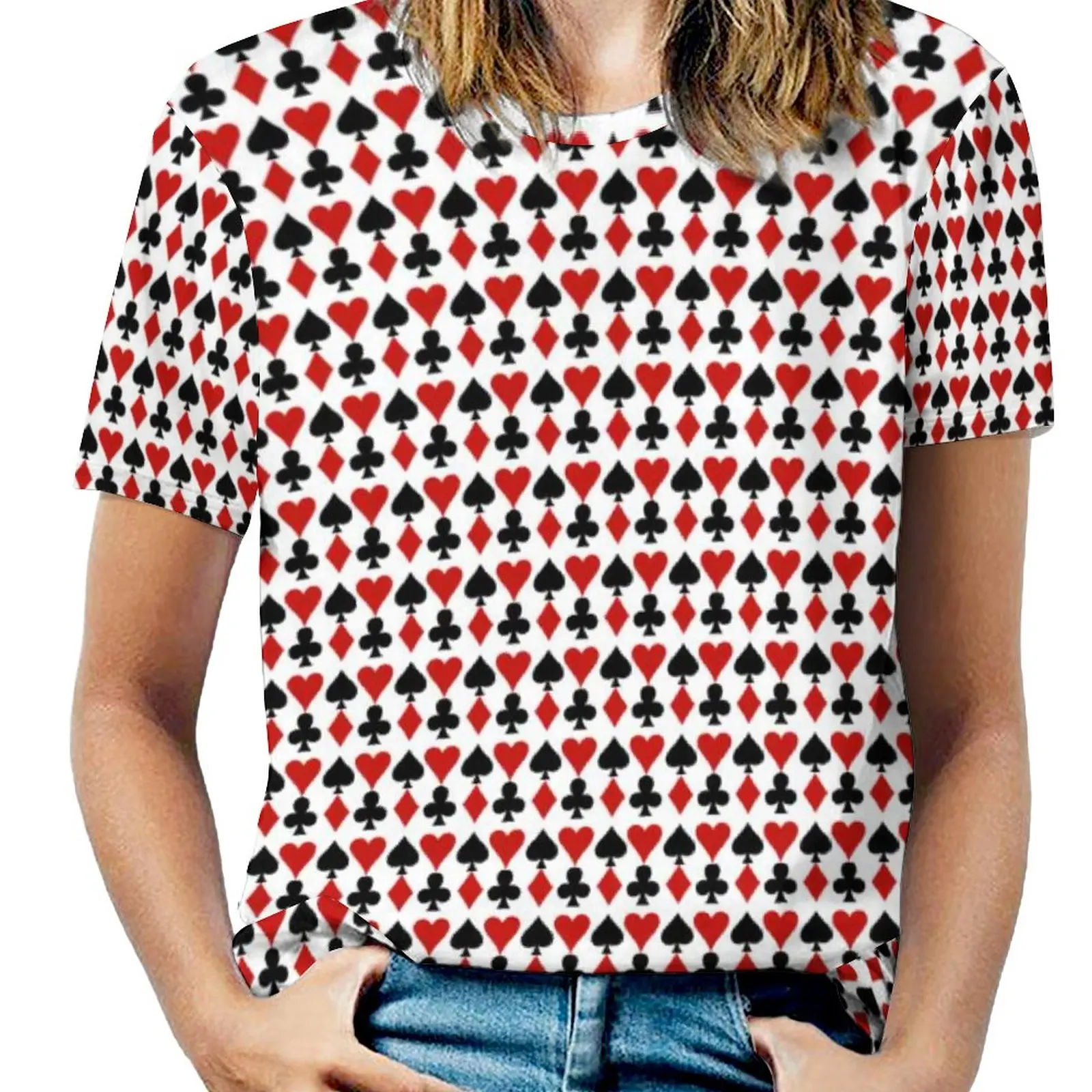 

Red Hear Print T-Shirt Playing Cards Suit Symbols Cute T Shirts O Neck Short Sleeve Pattern Tshirt Women Casual Tees Big Size