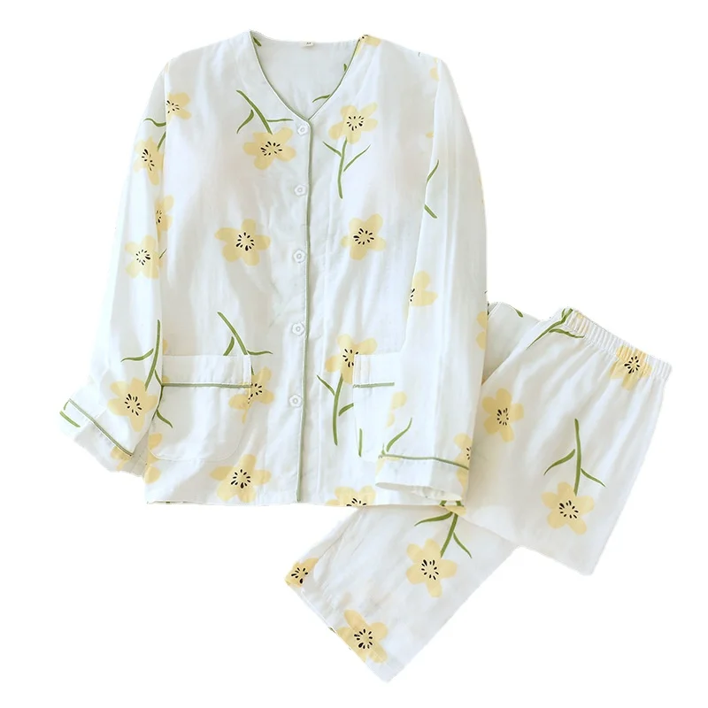 Cotton Women's Pajamas with Chest Pads Four Seasons Thin Long-sleeved Bra-free Loose Casual Sleepwear Home Set Two-piece Suit