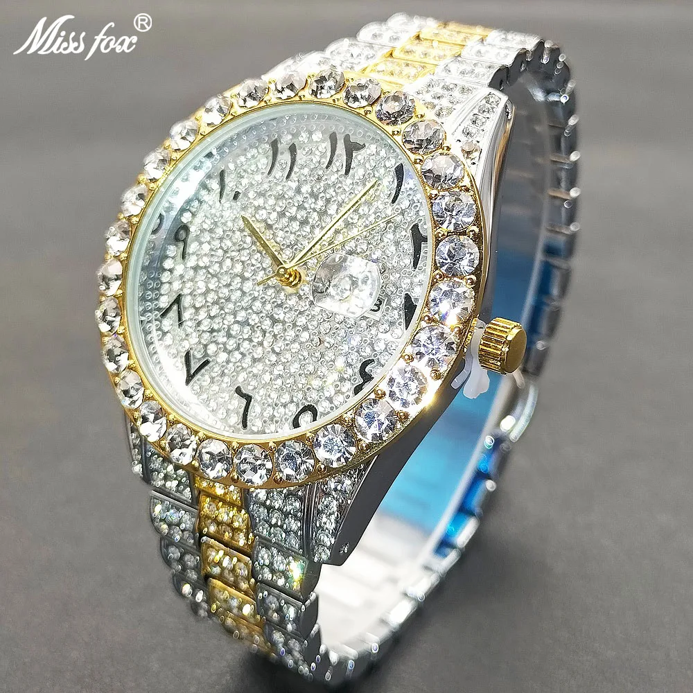 

MISSFOX Watch For Men Luxury Fashion Stainless Steel Waterproof Male Quartz Reloj 18k Gold Diamond Calendar Men's Wrist Watches