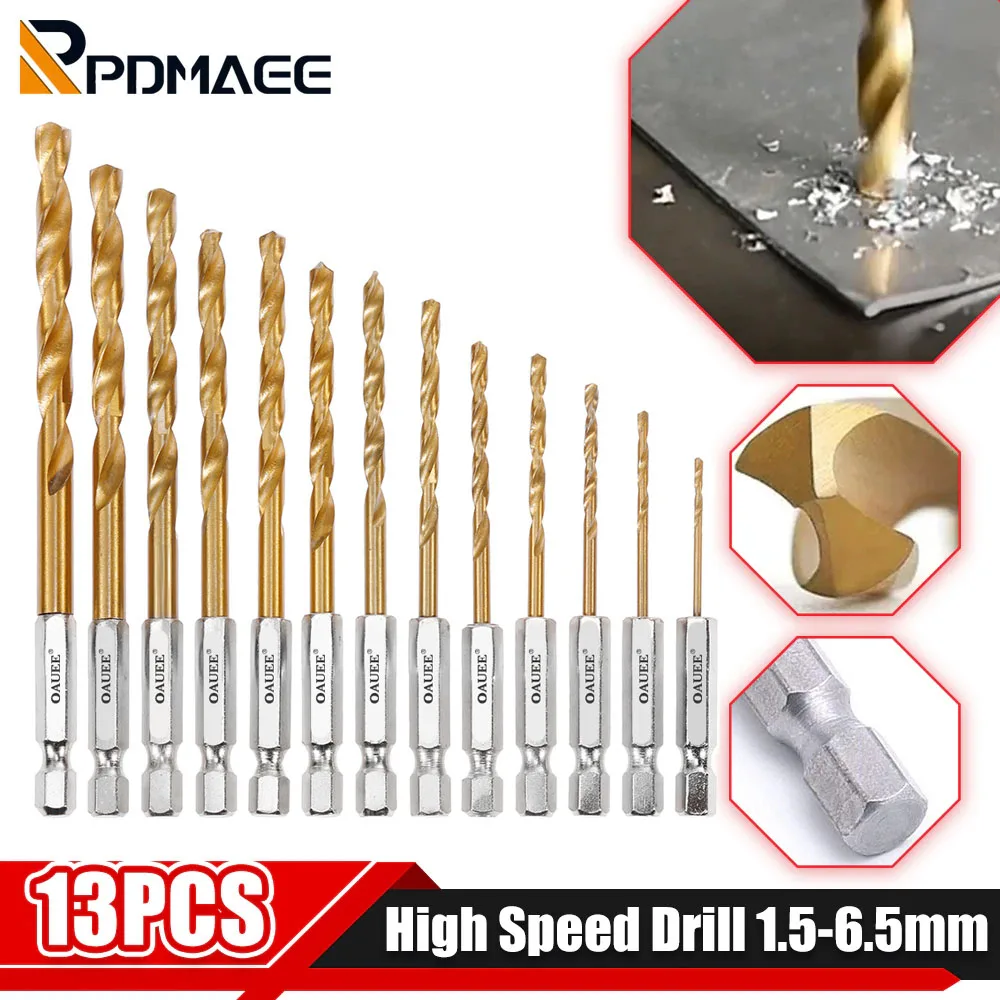 

13Pcs/set HSS High Speed Steel Titanium Coated Drill Bit Set 1/4 Hex Shank 1.5-6.5mm Hexagonal Handle Twist Drill Accessories