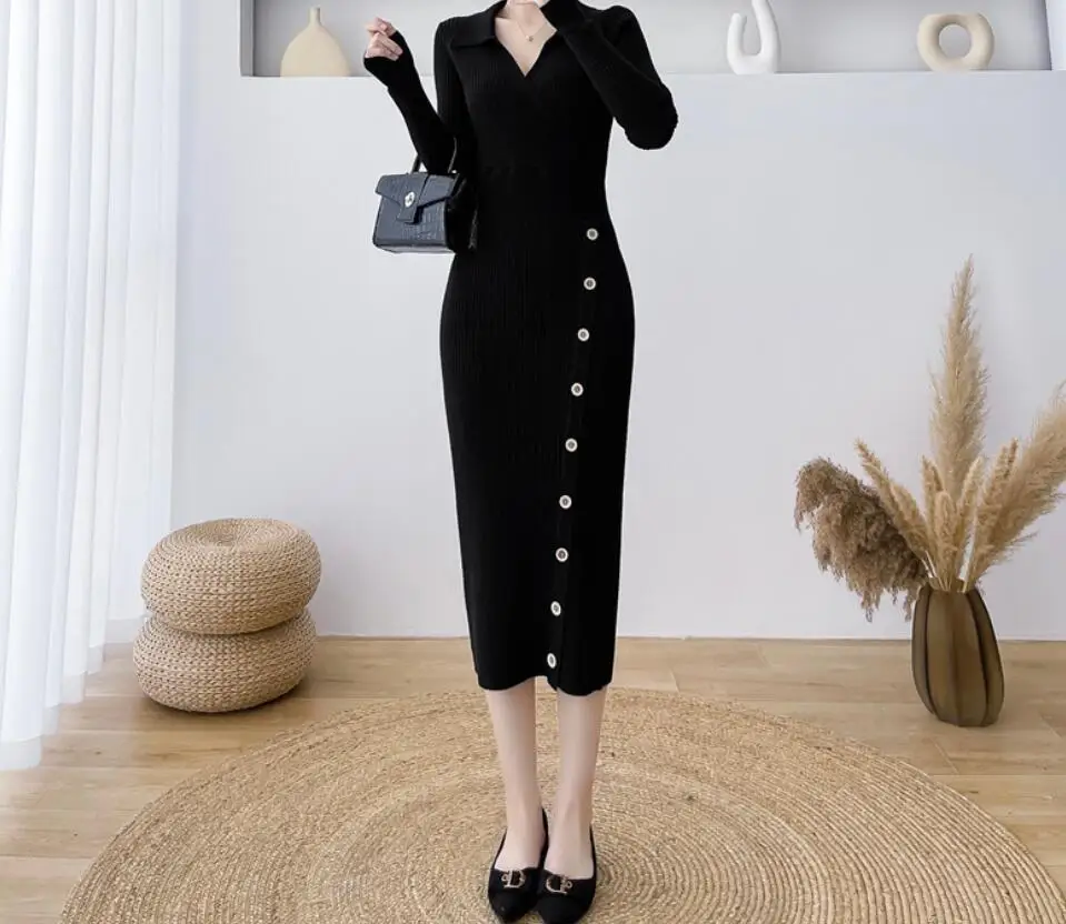 Женское трикотажное платье с длинным рукавом и отложным воротником 5 цветов