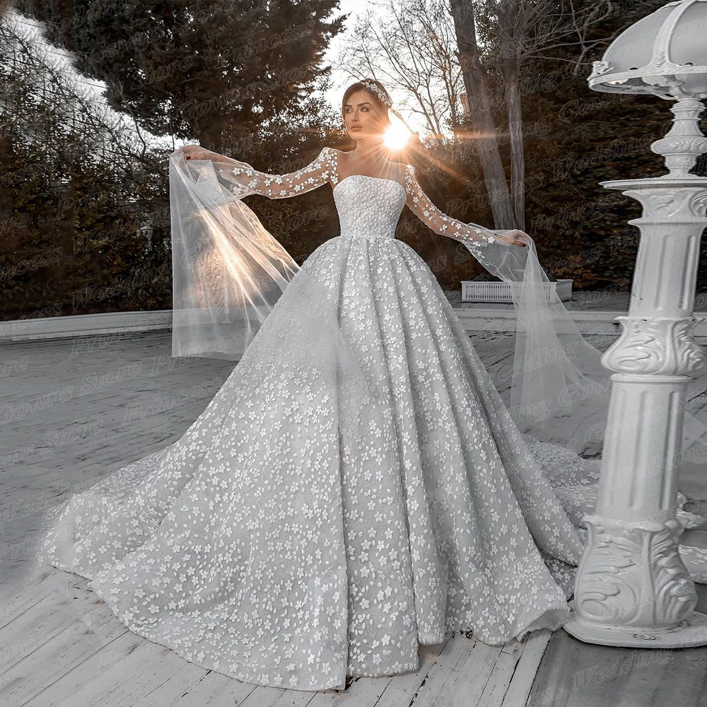 

Gorgeous Lace Princess Wedding Dress For Bride Square Neck Illusion Long Sleeve Sweep Train Romantic Bridal Gown Robe De Mariee