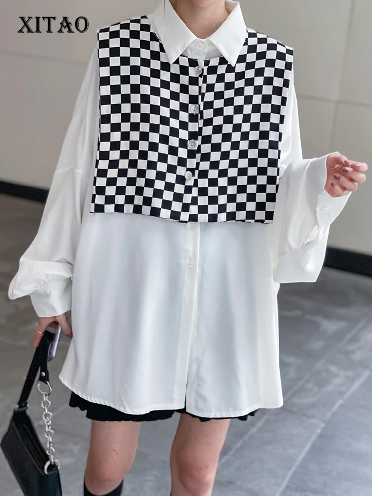 

XITAO Plaid Blouse Fashion New Women Two Piece Set Women Full Sleeve Pleated Single Breast 2021 Autumn Loose Shirt WMD3225