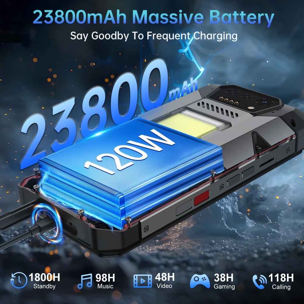 Фото Unihertz 8849 Hike Смартфон Android 14 с 200-метровым фонариком, светодиодным фонариком, 23800 мАч, 24 ГБ, 512 ГБ, двойной динамик Helio G200 IP68/IP69K 4G №4