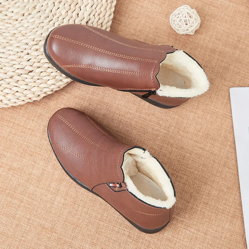 Winter Fashion Women's Casual Shoes PU Leather Sewing Women's Boots Outdoor Warm Cotton Ladies Cotton Leather Boots Flat Shoes
