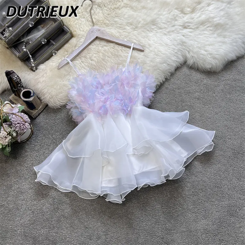 

Summer 2023 New Off-Shoulder Crop Tops 3D Petals Stitching Summer High-Grade Chic Strappy Chiffon Outer Wear Sleeveless Shirt