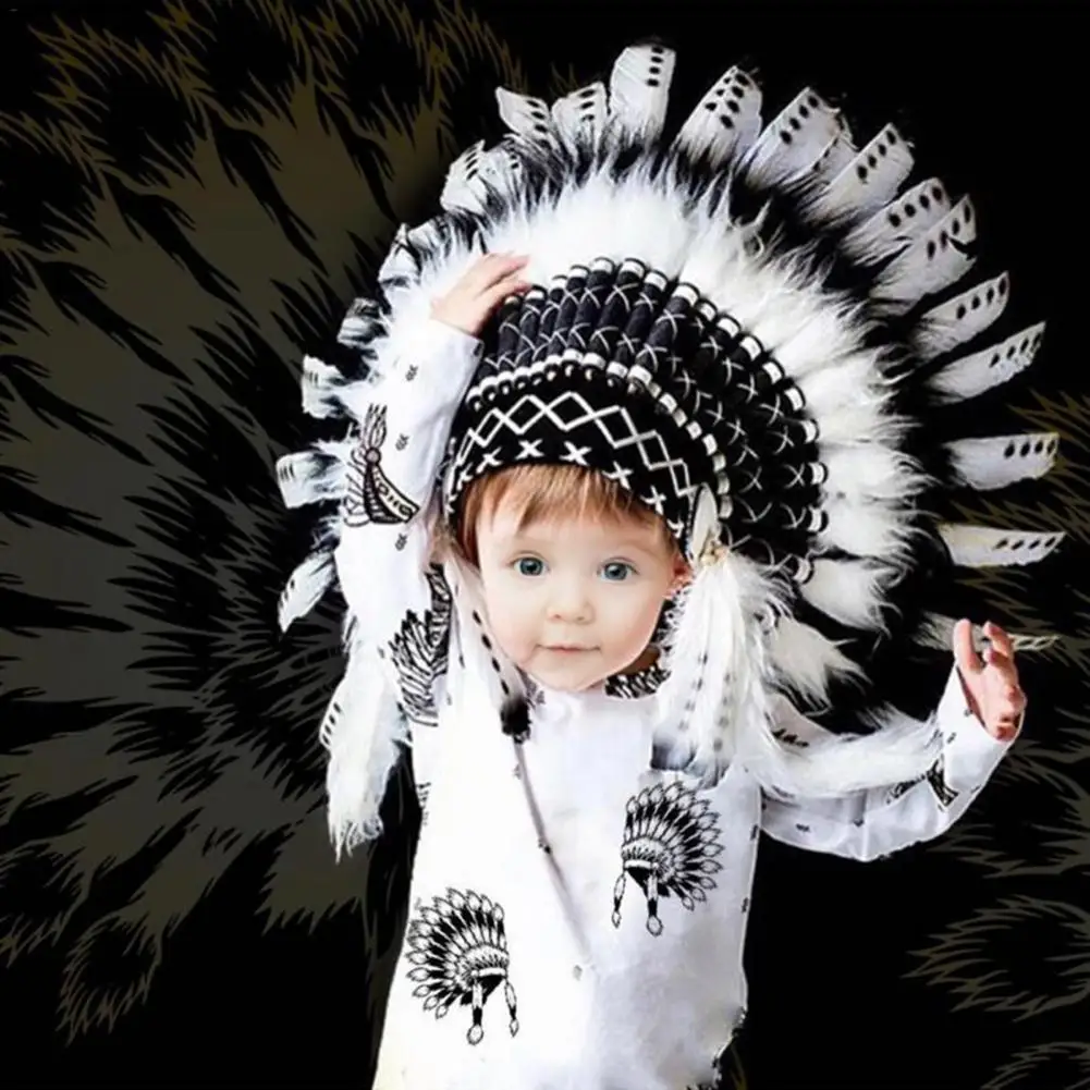 

Indian Feather Headdress Kids Party American Native Indian Synthetic Feather Headdress Hat Halloween Cosplay Photography Prop