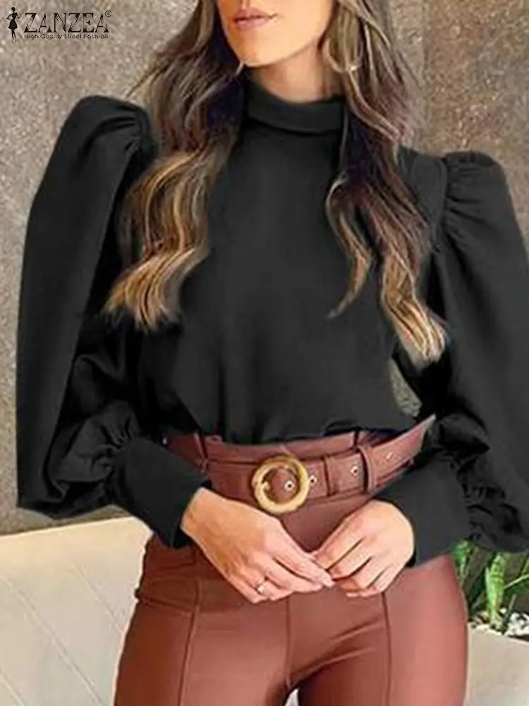 

Vintage Women Casual Full Puff Sleeve Shirt Office OL Chemise Office Work Tunic Top ZANZEA Fashion Solid Blouse Femininas Mujer