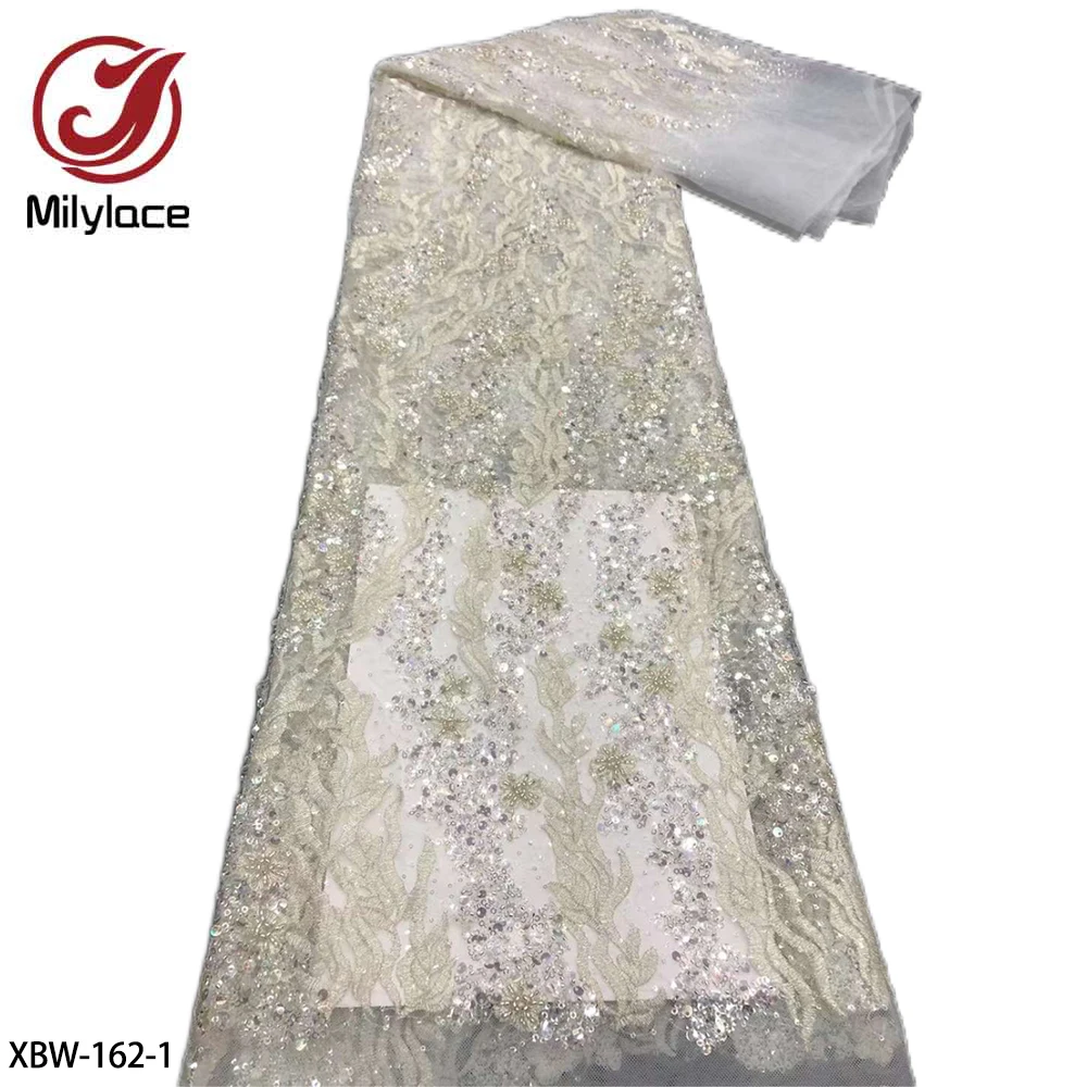 

Luxury Handmade Heavy Beaded Sequins Embroidered French Net Lace Fabric African Tulle Lace Fabric for Evening Dress XBW-162