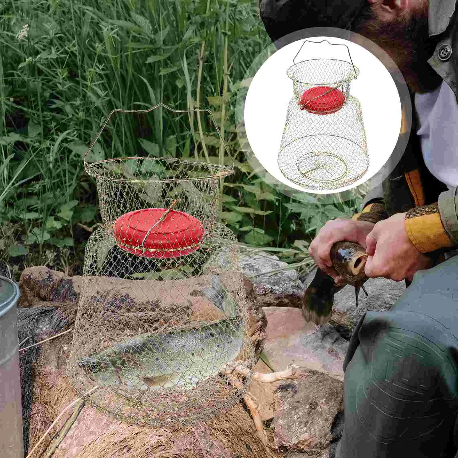 

Fish Basket Catching Net Fishing Float Tube Fold Netting Protecting Home Iron Large Capacity Collapsible Tank