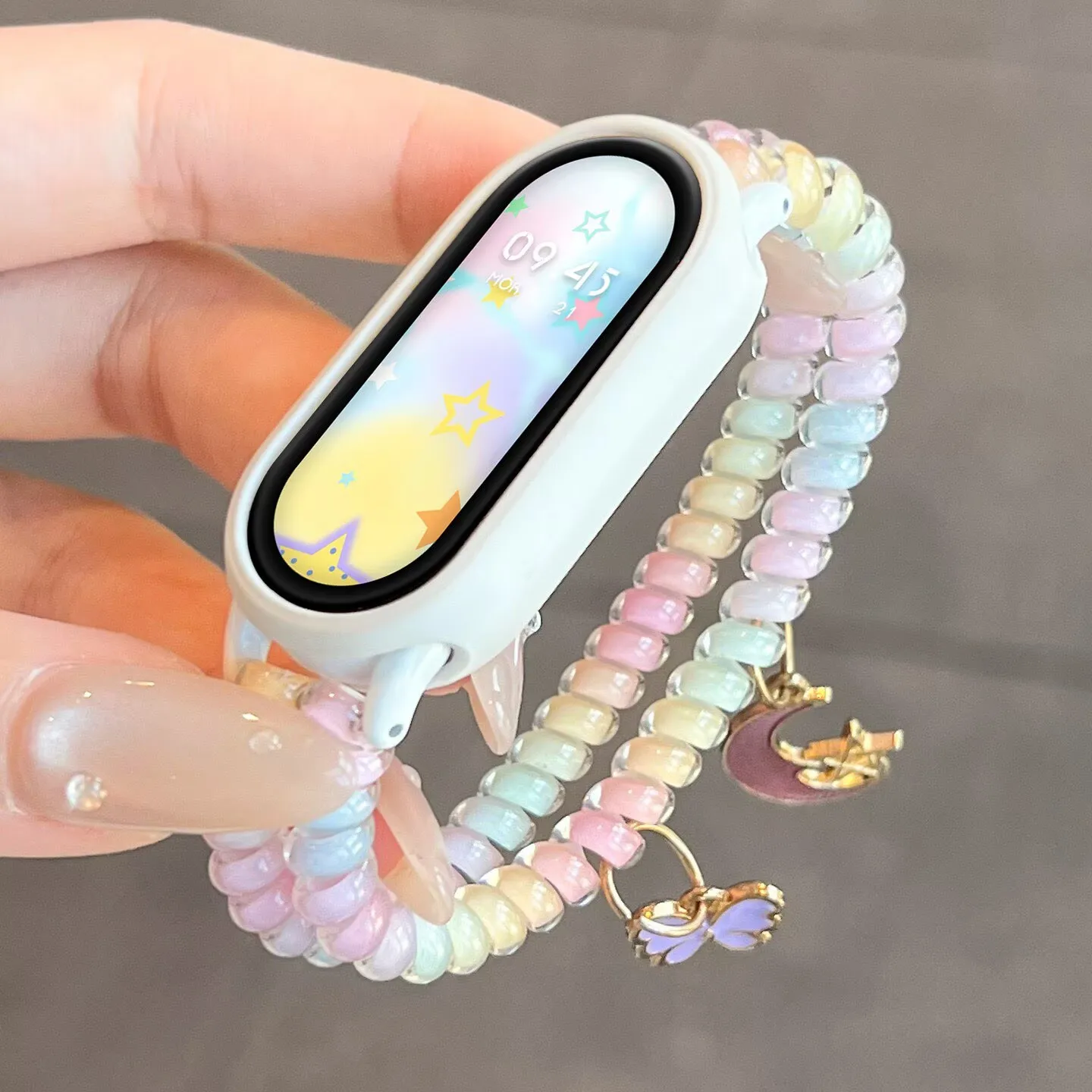 Фото Ремешок с плоскими бусинами в градиентных цветах для Xiaomi Mi Band 10 9 8, подвеска-бабочка и луна для Redmi Watch 6 5 4, милый ювелирный браслет для девушек. №2