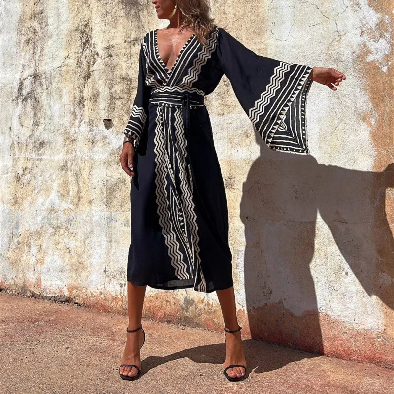 

Женский Длинный пляжный кардиган, элегантный сарафан с винтажным графическим принтом, на завязках, с рукавом летучая мышь и глубоким V-образ...