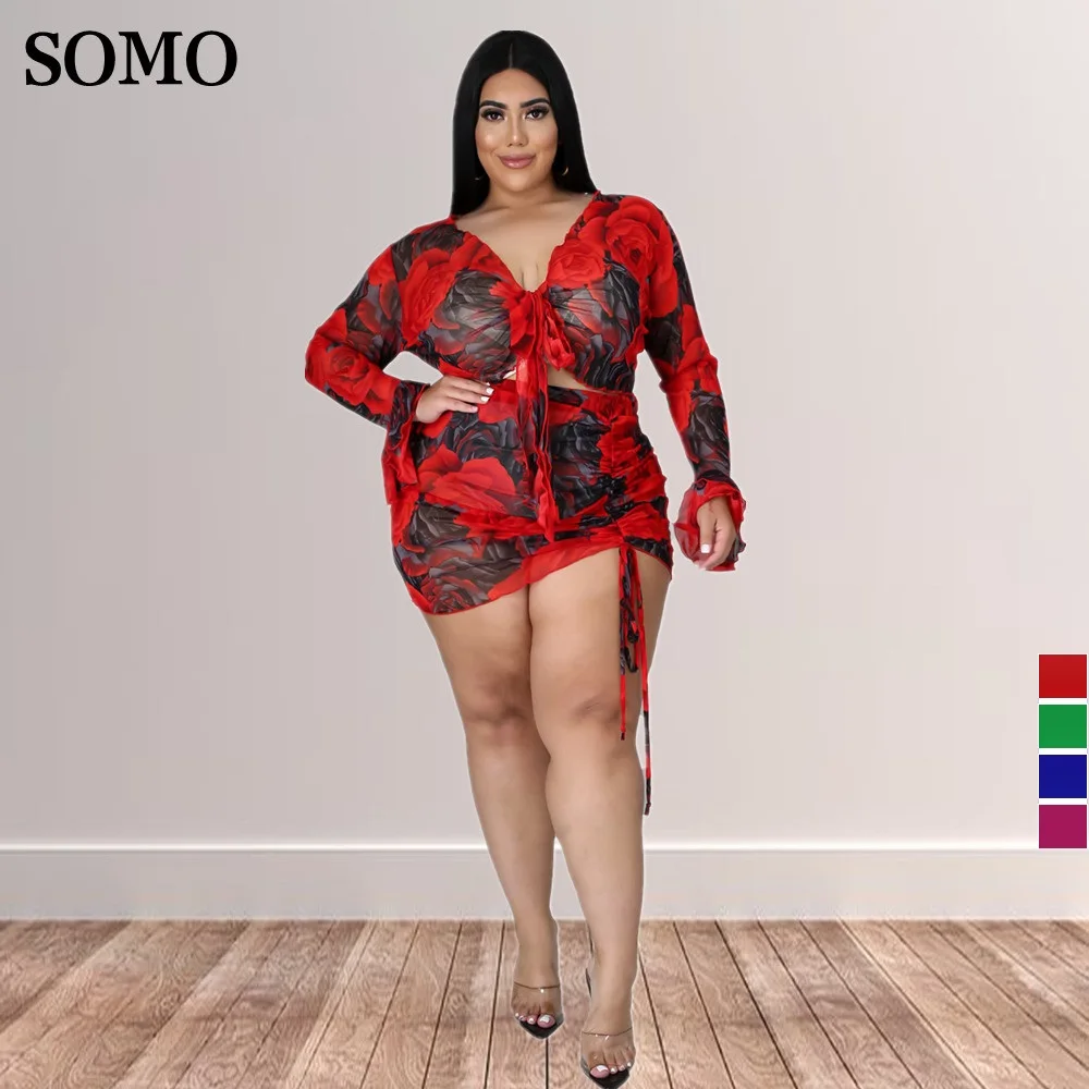 

Женский комплект из двух предметов SOMO, с принтом, на кулиске, уличный сексуальный, большого размера