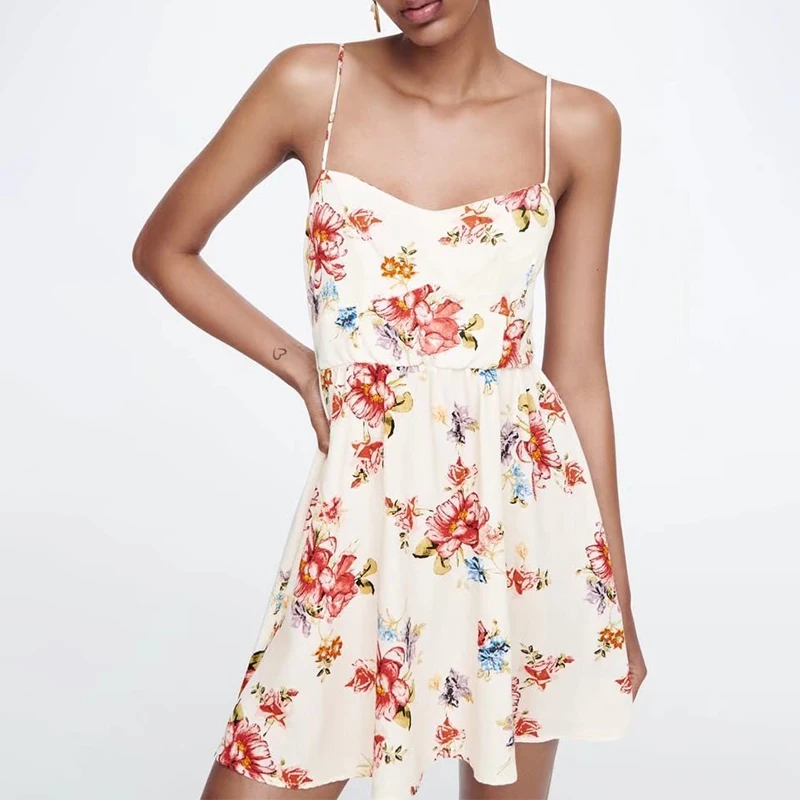 

2022 летнее женское модное платье-комбинация с цветочным принтом, винтажное женское Короткое платье без рукавов с V-образным вырезом и открыт...