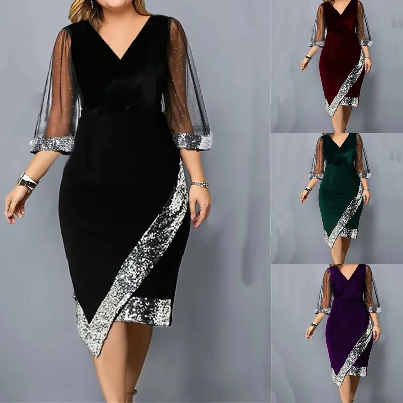 

Plus Size Dresses Y2k Elegant and Pretty Women's Dresses 2023 Golden Velvet Irregular Sequin Perspective Mesh Women's Dress