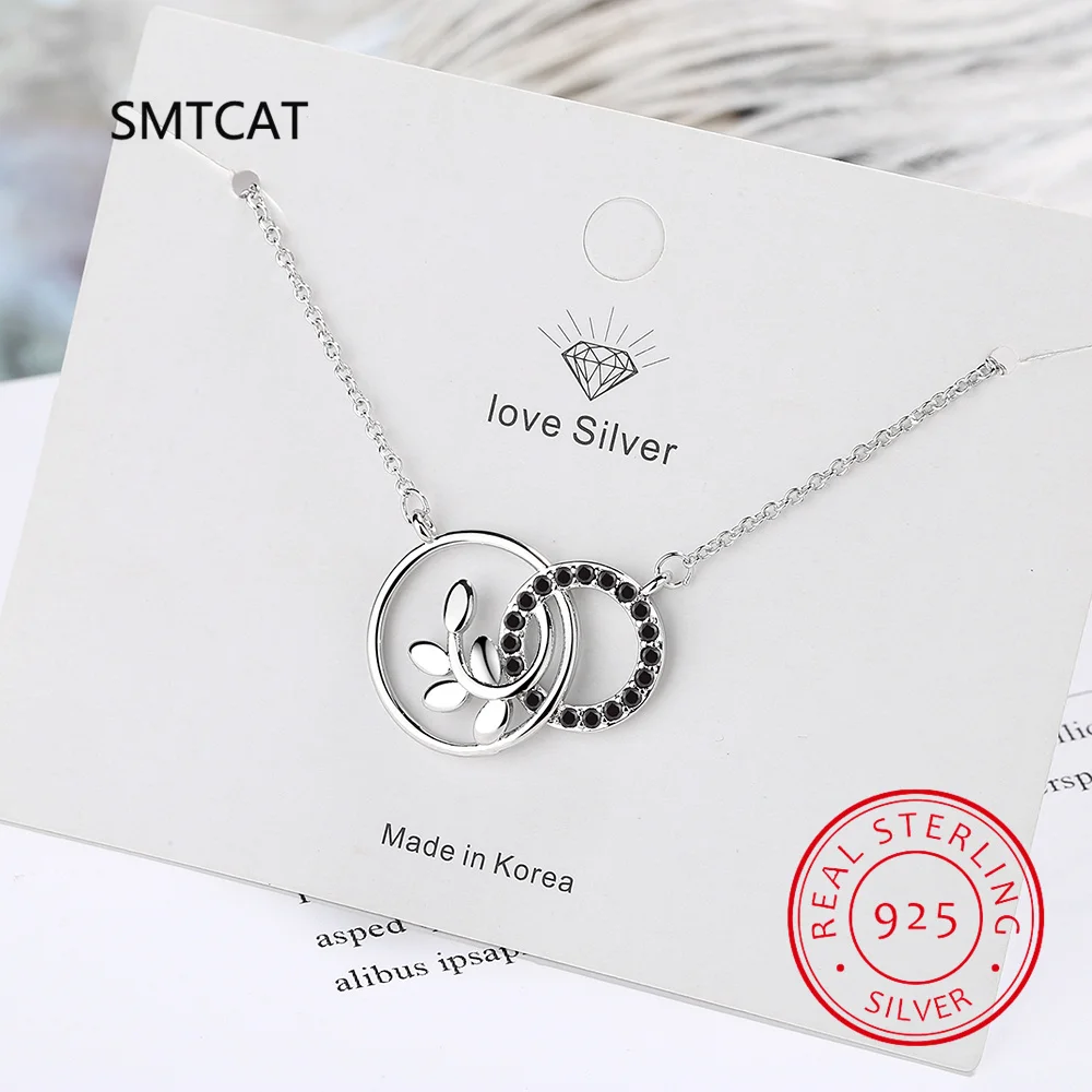 

925 Sterling Silver Women's Necklace Fine Jewelry Round Circle Bijoux Black Spinel Tree Leaves Pendants Necklace Colar de Prata