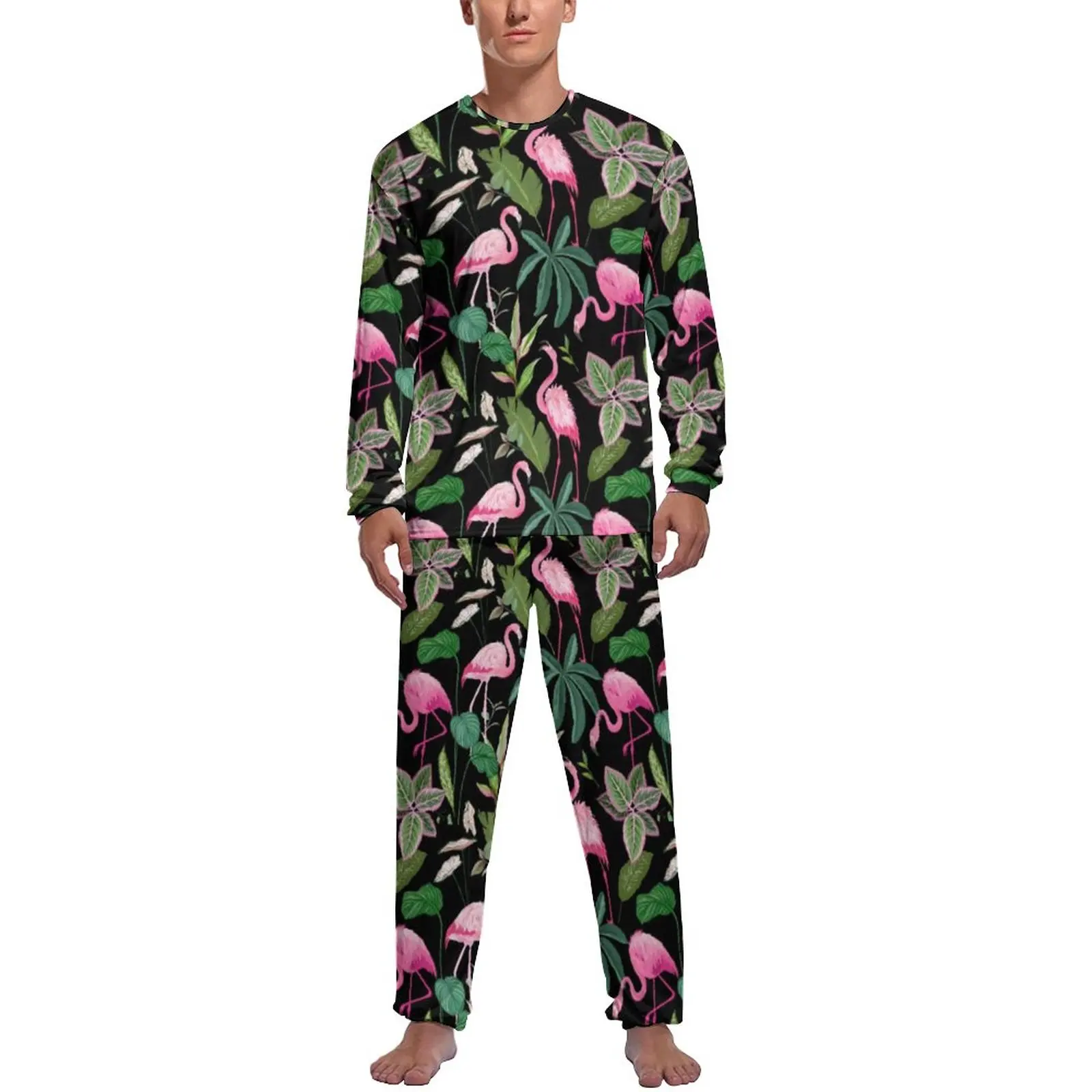 

Pink Flamingo Pajamas Male Tropical Botanical Kawaii Nightwear Autumn Long Sleeve Two Piece Room Graphic Pajama Sets