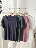 xnwmnz 2022 women fashion cotton linen blend v neck t shirts woman casual t shirts streetwear female chic tops