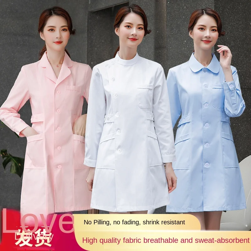 

White coats for women doctors in long sleeves for nurses in hospitals in beauty salons in work clothes in clinics in pharmacies